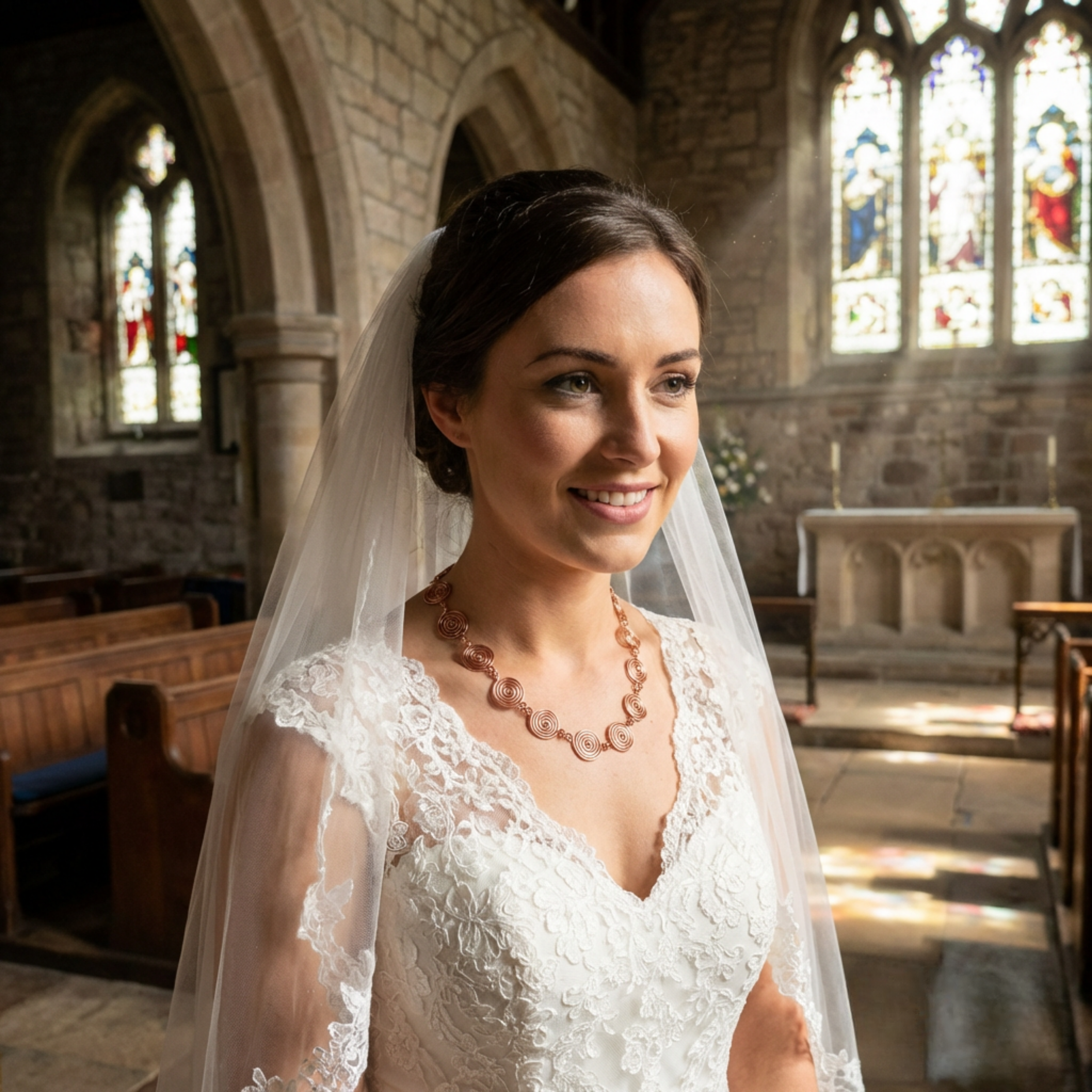 Bride in a church with stained glass windows wearing a copper spiral necklace