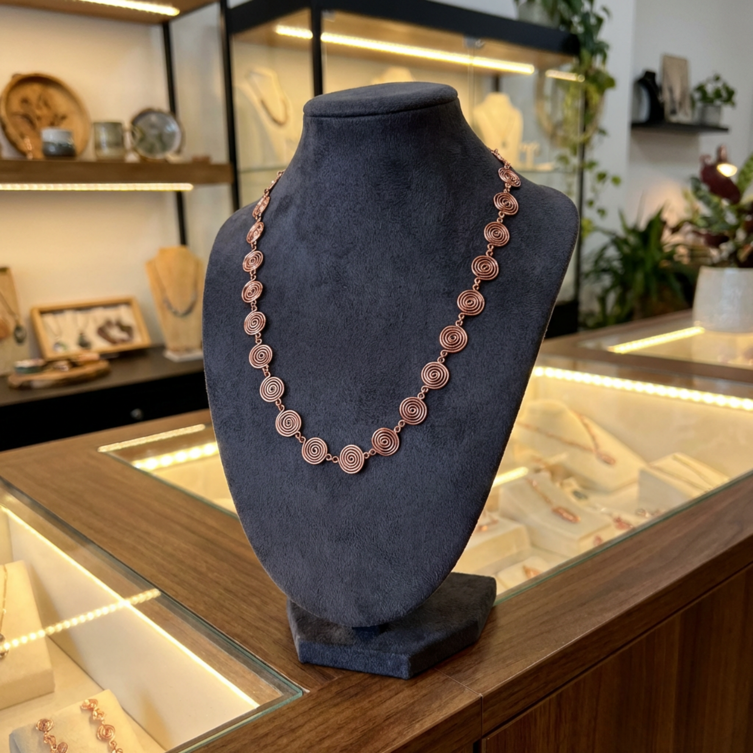 Copper Spiral Necklace on a mannequin bust in a jewellery store setting