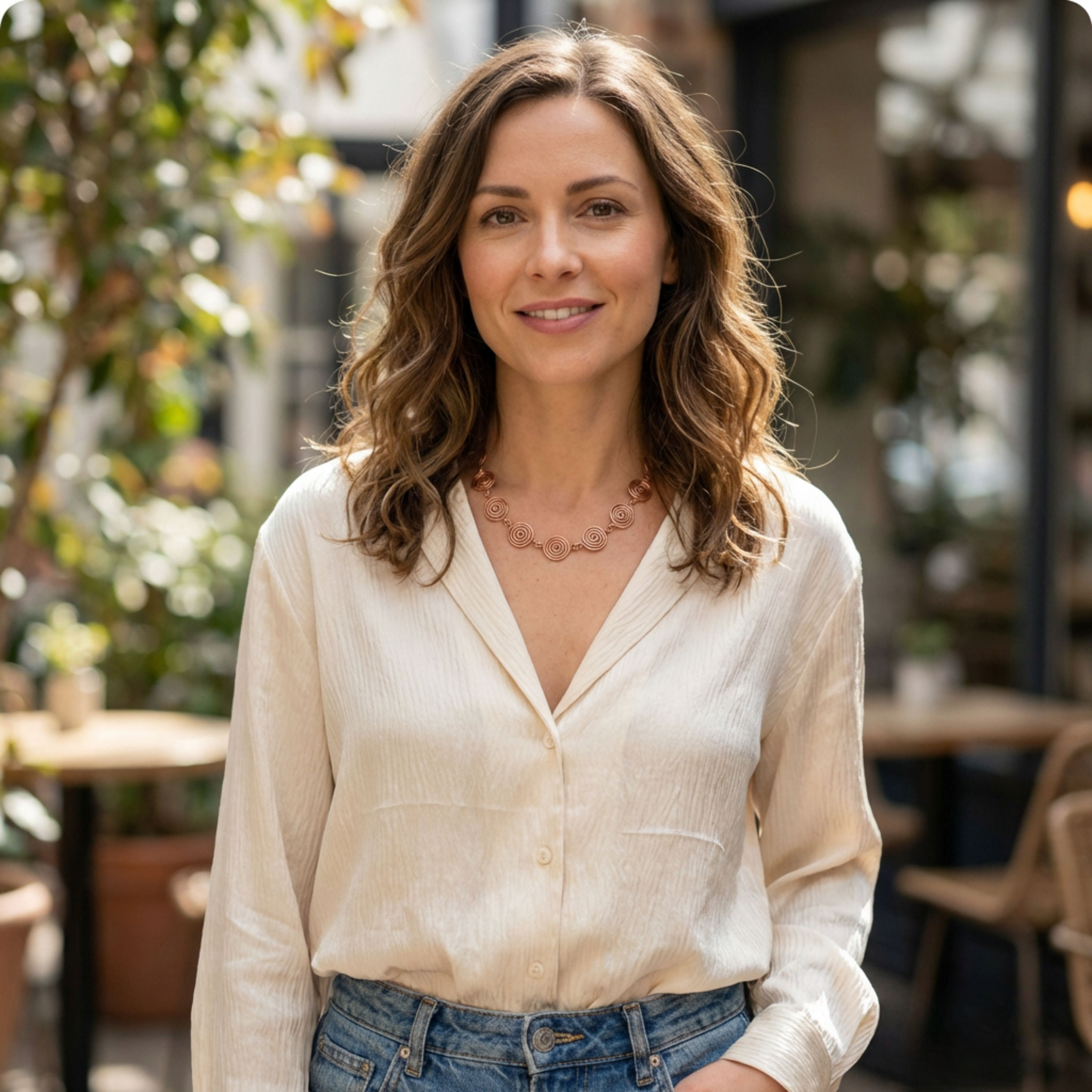 Woman wearing a beige blouse and blue jeans with a raw copper spiral necklace standing outdoors with blurred background