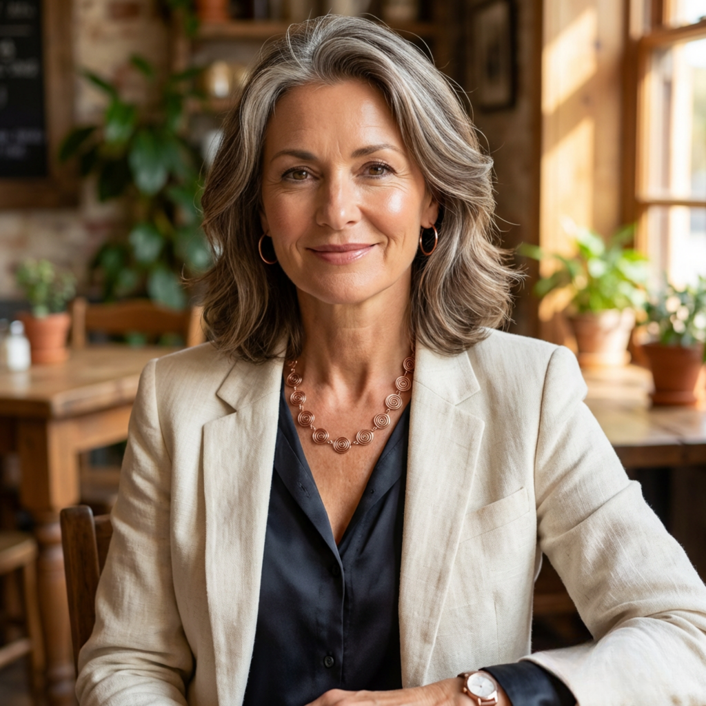 Woman in a beige blazer sitting in a cosy indoor setting with plants and wooden furniture. Wearing a smart jacket and blouse with a raw copper spiral necklace