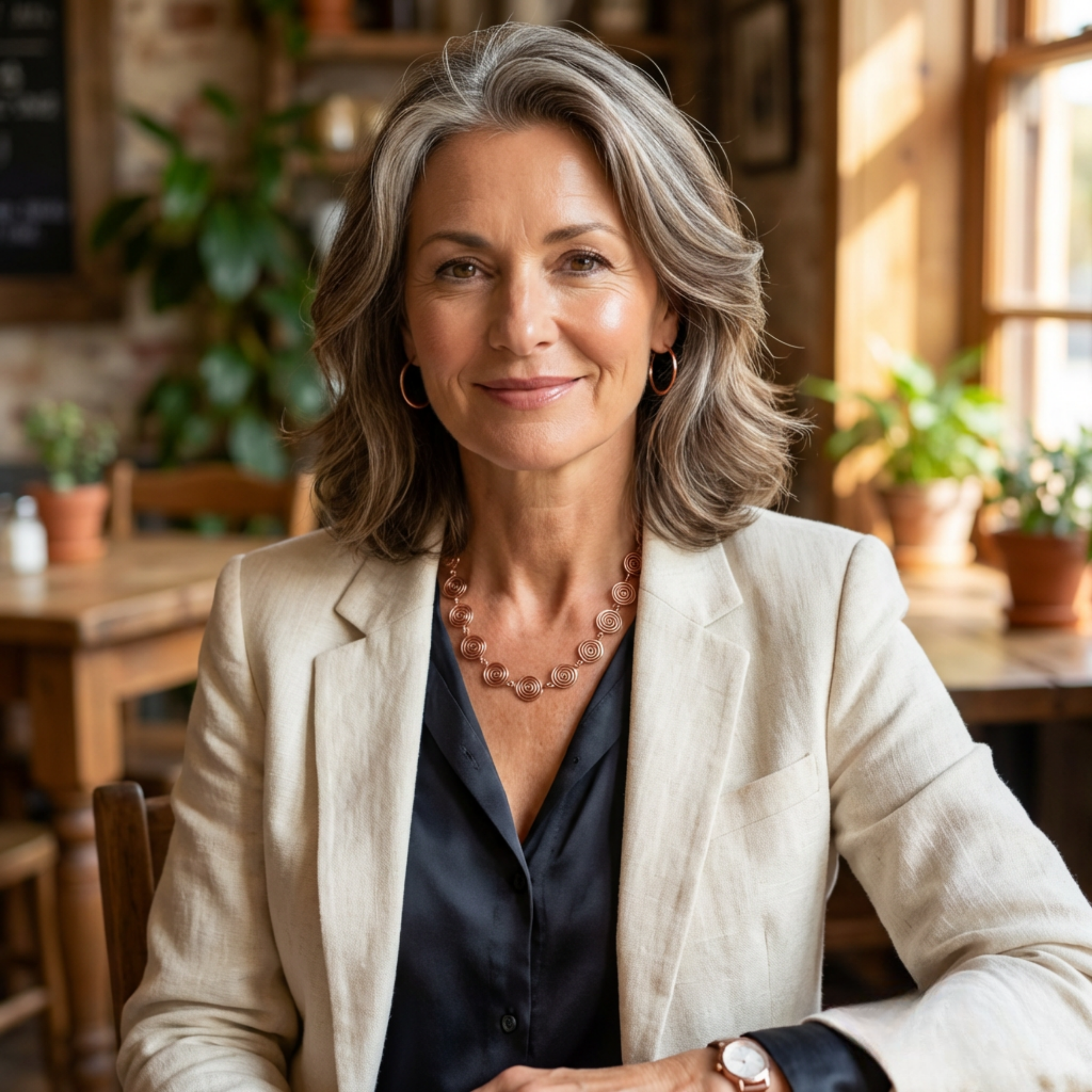 Woman in a beige blazer sitting in a cosy indoor setting with plants and wooden furniture. Wearing a smart jacket and blouse with a raw copper spiral necklace