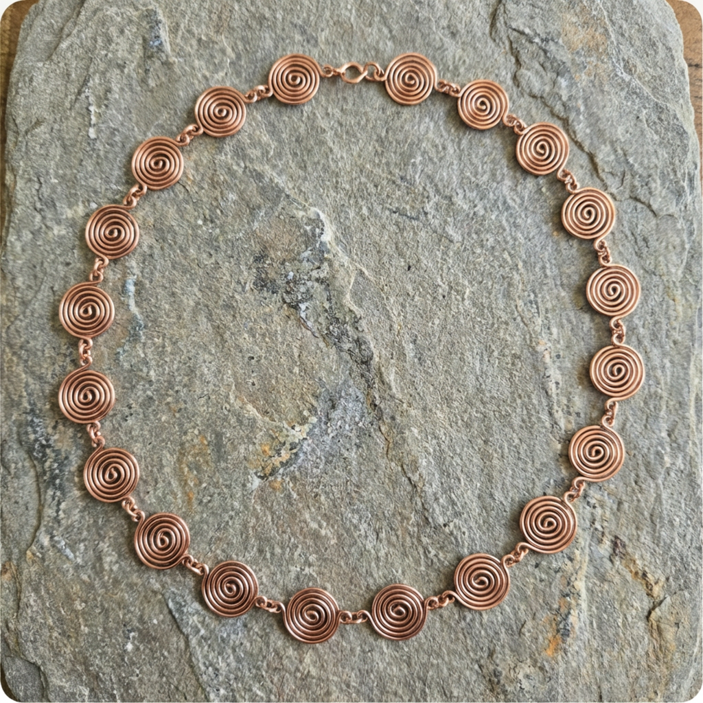Copper necklace with circular links on a stone surface