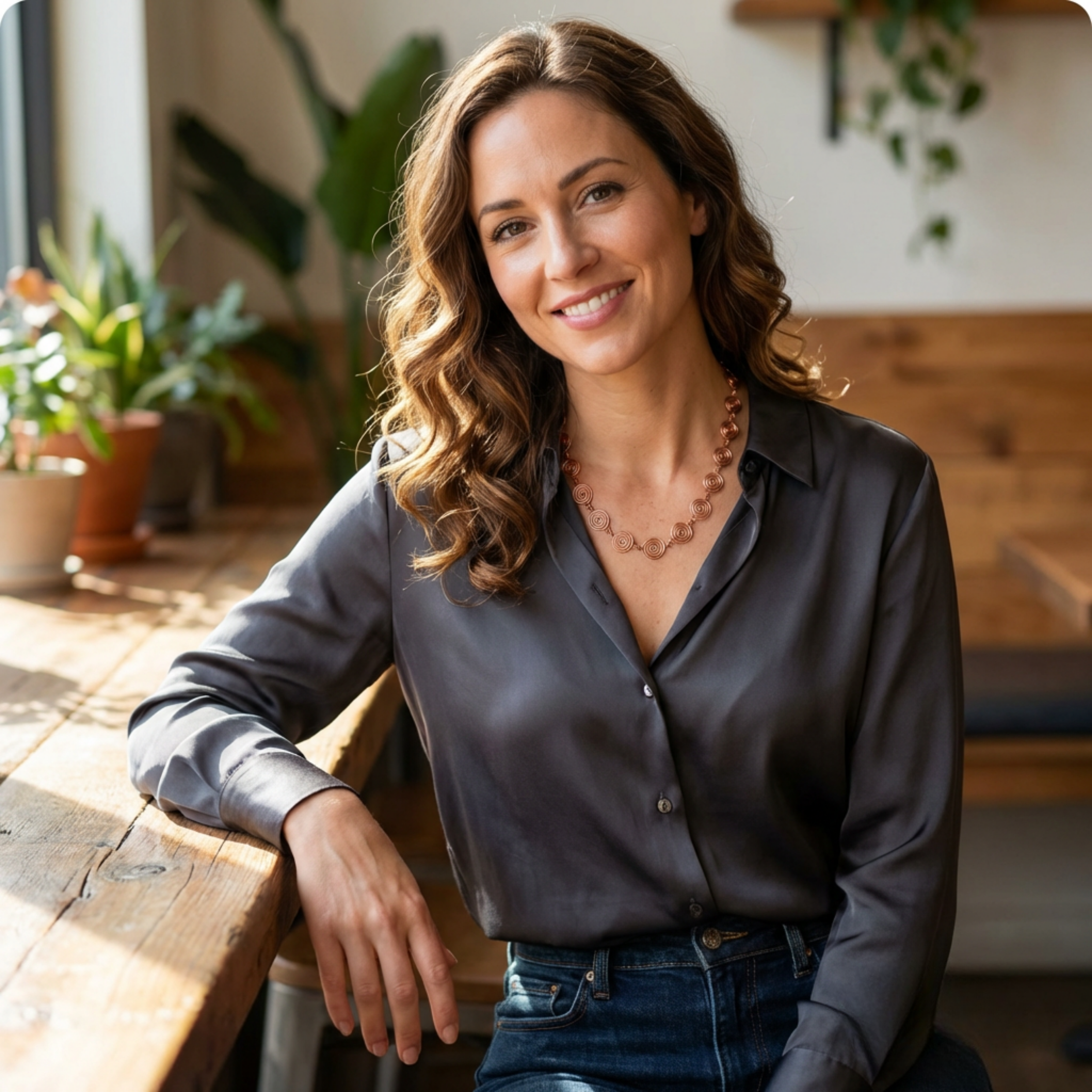 Woman sitting at a wooden table in a cosy indoor setting with plants in the background wearing a raw copper spiral necklace