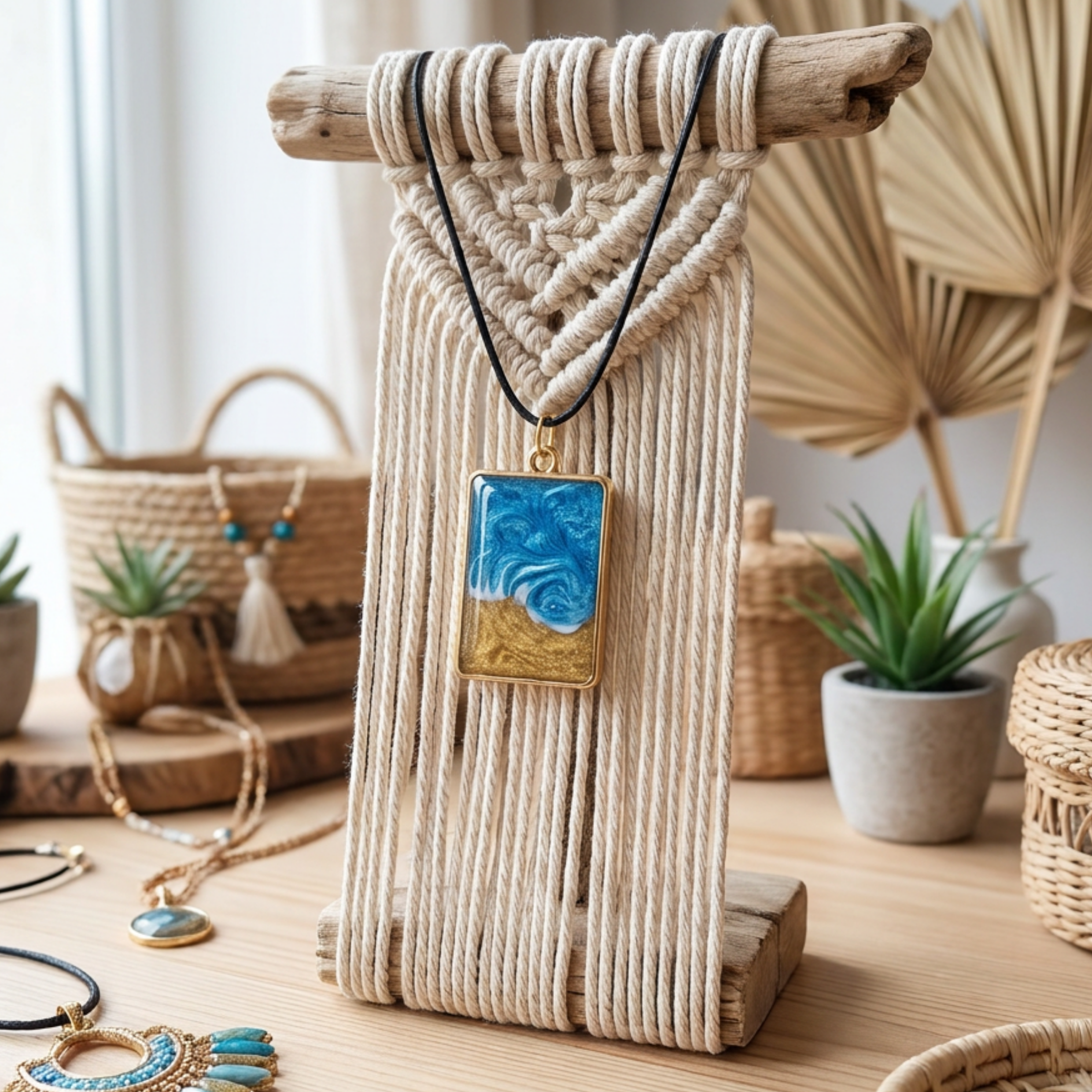 Gold wave pendant on a contemporary display stand