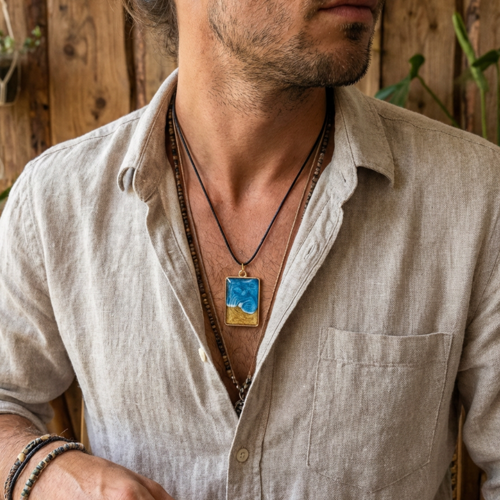 Man wearing a light-colored shirt with a necklace featuring a blue pendant.