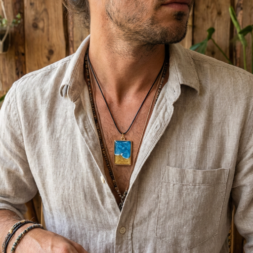 Man wearing a light-colored shirt with a necklace featuring a blue pendant.