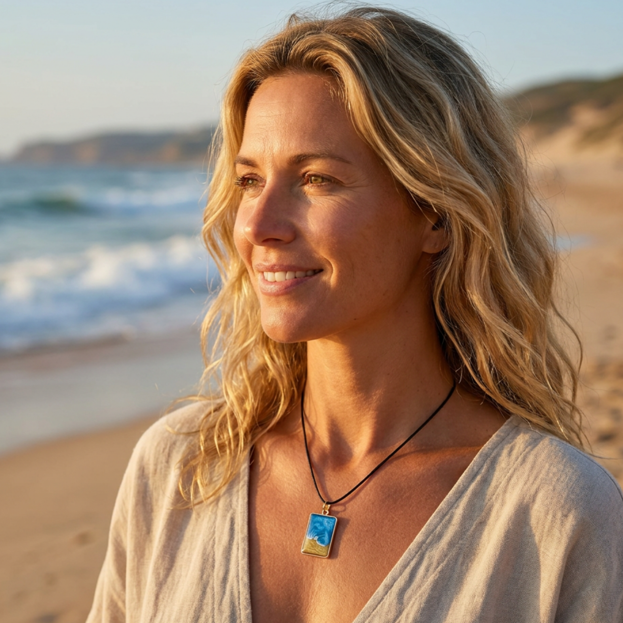Model wearing a gold wave pendant on a beach