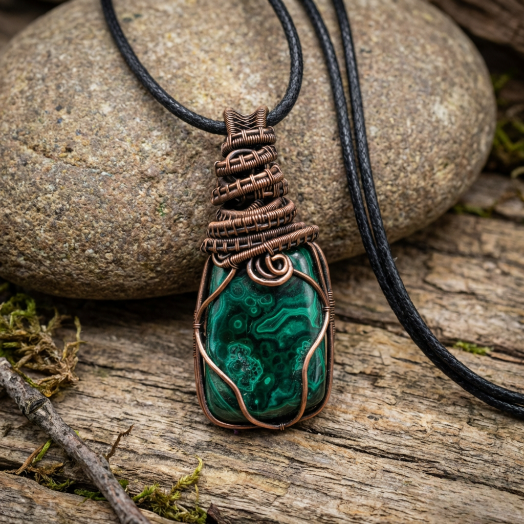 Necklace with a green stone pendant on a natural background