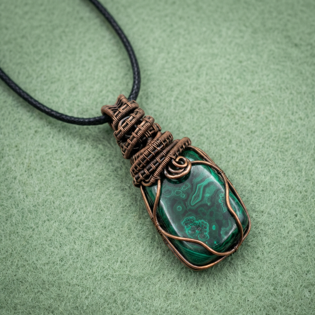 Green stone pendant with copper wire wrapping on a green background