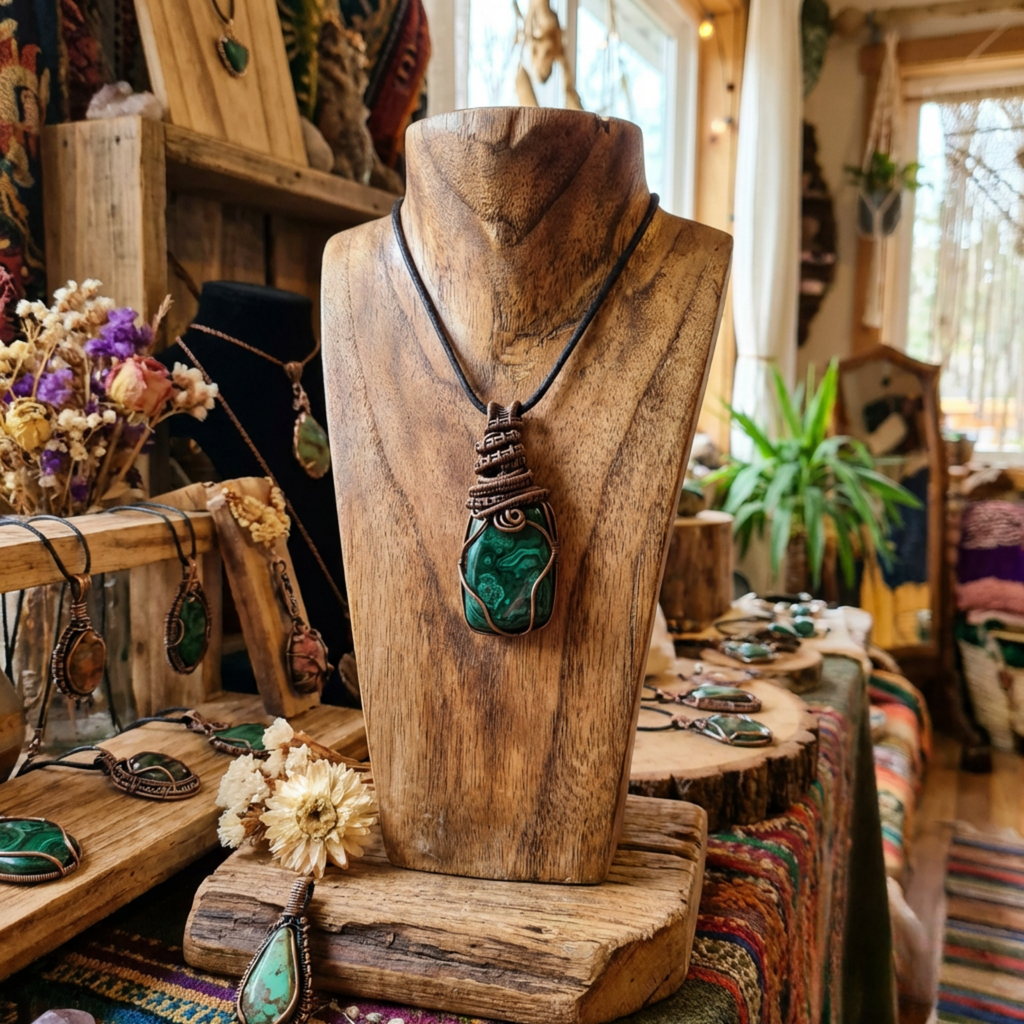 Jewelry store interior with wooden jewelry display featuring a necklace on a mannequin head.