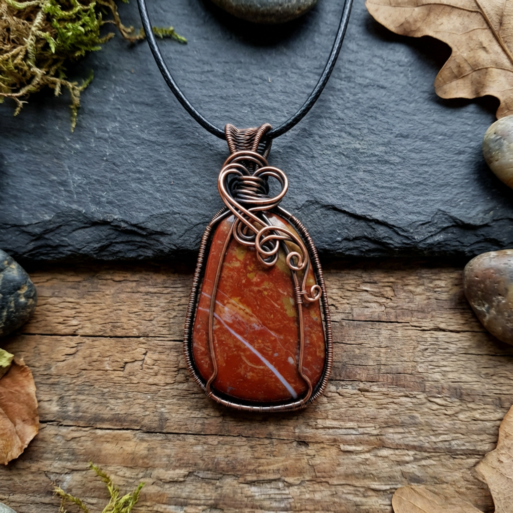 Copper-wrapped stone pendant on a wooden surface with natural elements