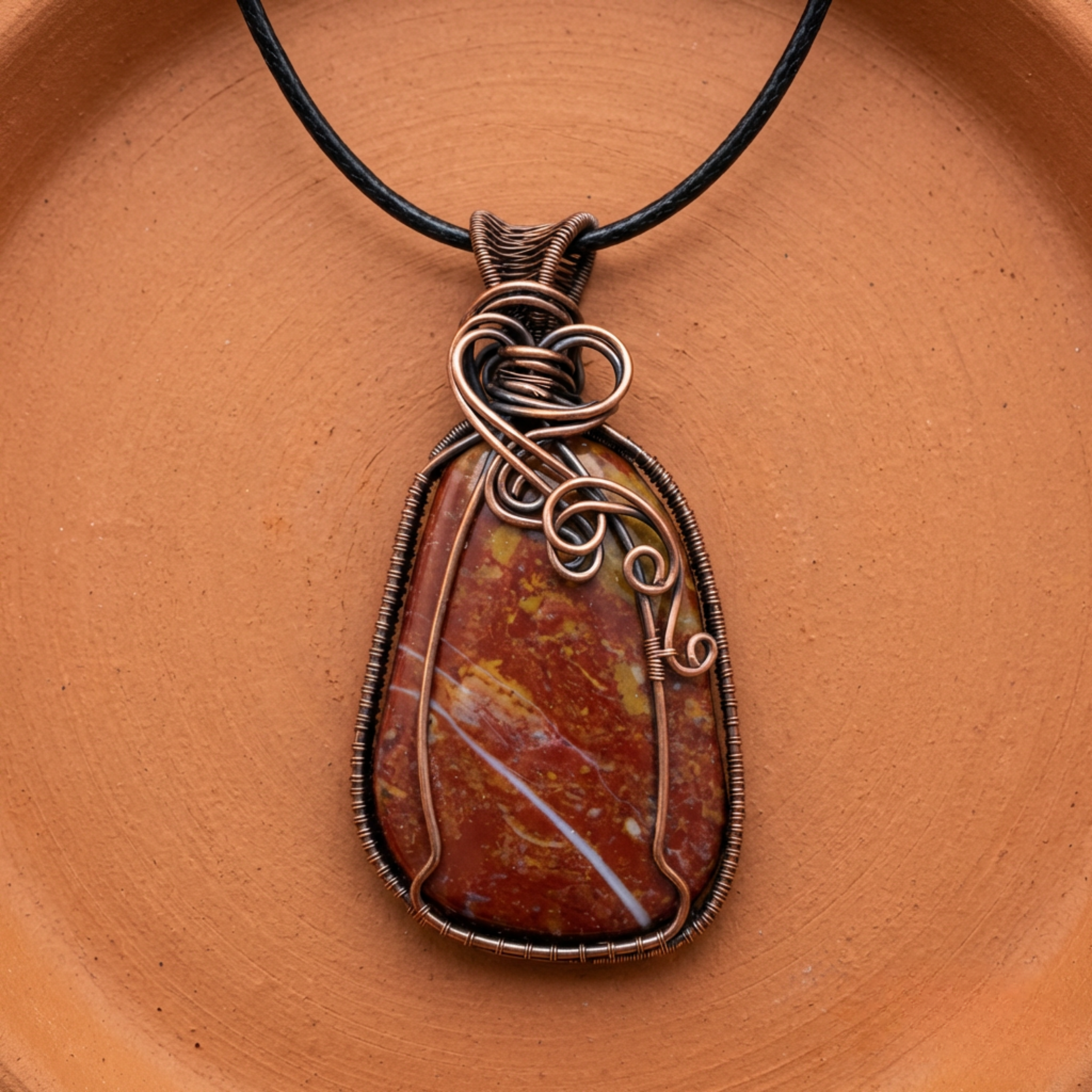 Jewellery pendant with brown red jasper stone and copper wire wrapping on a terracotta surface