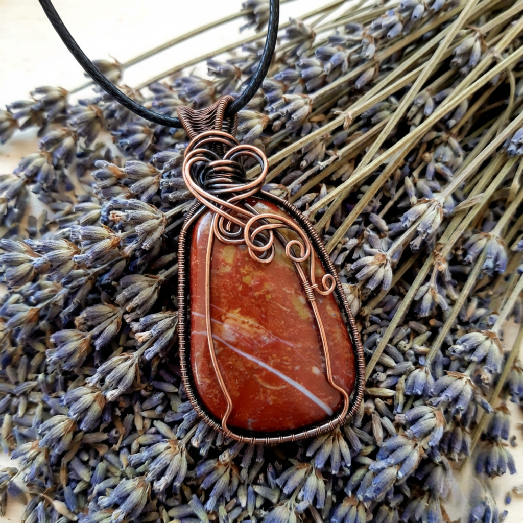 Pendant with a red stone and copper wire wrapping on a bed of lavender