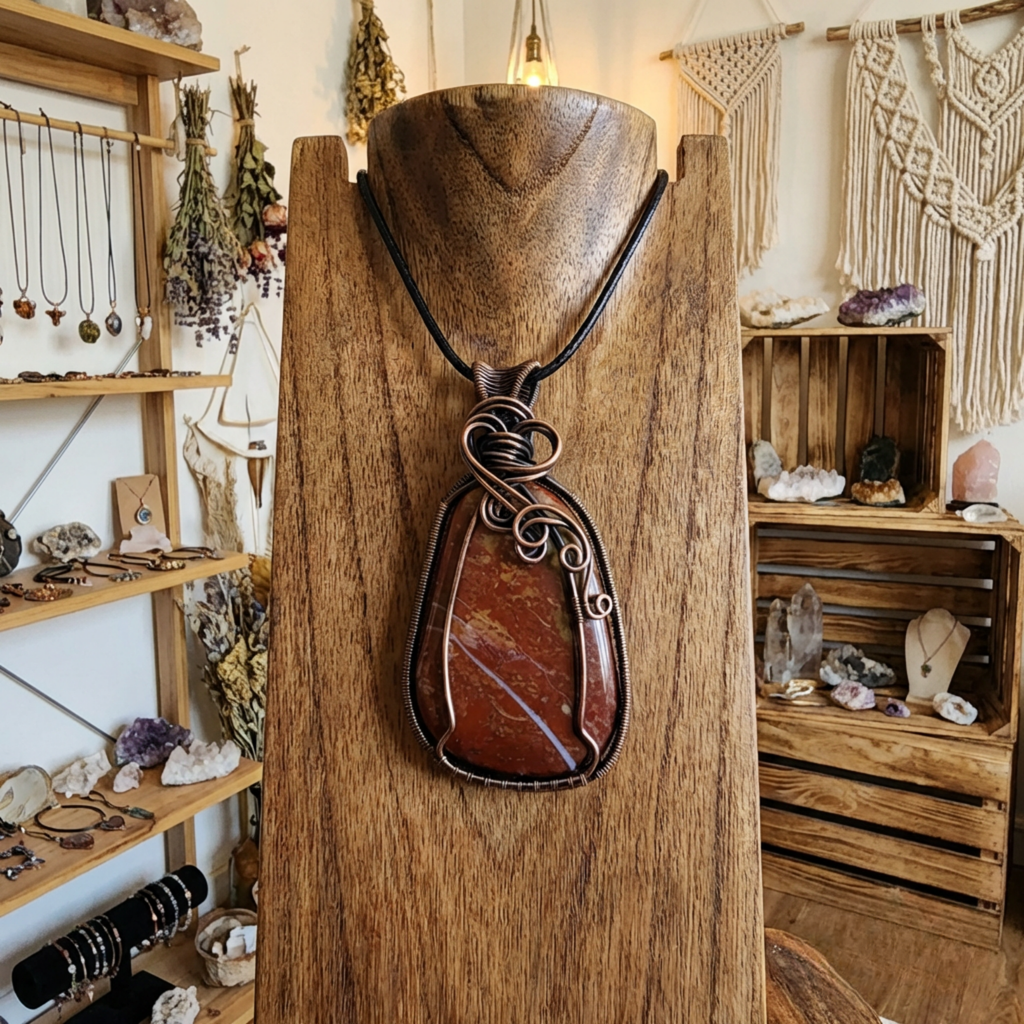 Brown stone pendant on a wooden stand with a store interior in the background