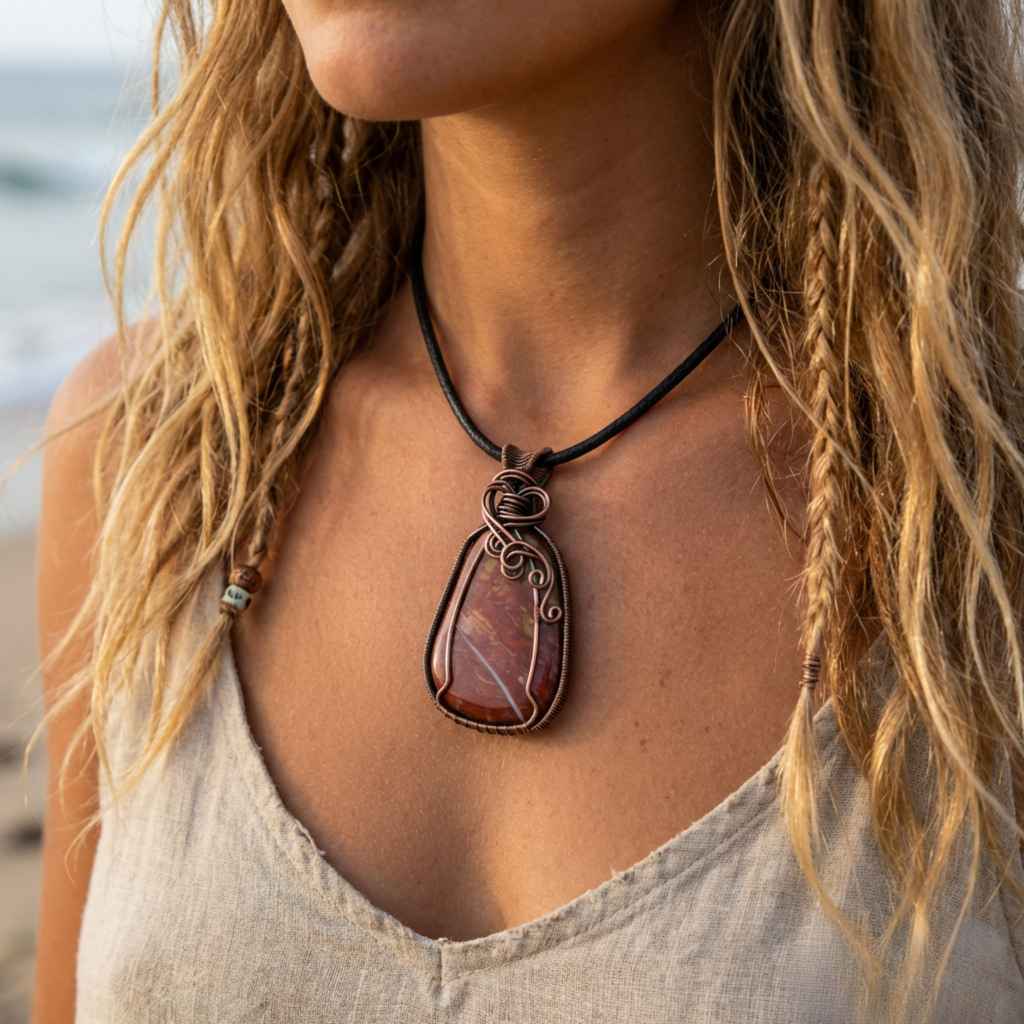 Person wearing a necklace with a large pendant on a beach