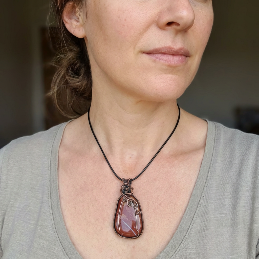 Woman wearing a necklace with a large pendant