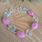 Pink Rhodochrosite Silver Spiral Bracelet, Handmade Wire Jewellery, Gift for Her