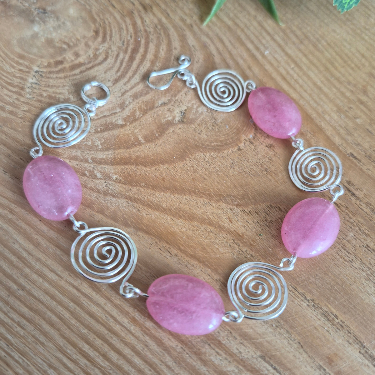 Pink Rhodochrosite Silver Spiral Bracelet, Handmade Wire Jewellery, Gift for Her