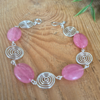 Pink Rhodochrosite Silver Spiral Bracelet, Handmade Wire Jewellery, Gift for Her