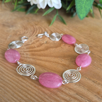 Pink Rhodochrosite Silver Spiral Bracelet, Handmade Wire Jewellery, Gift for Her