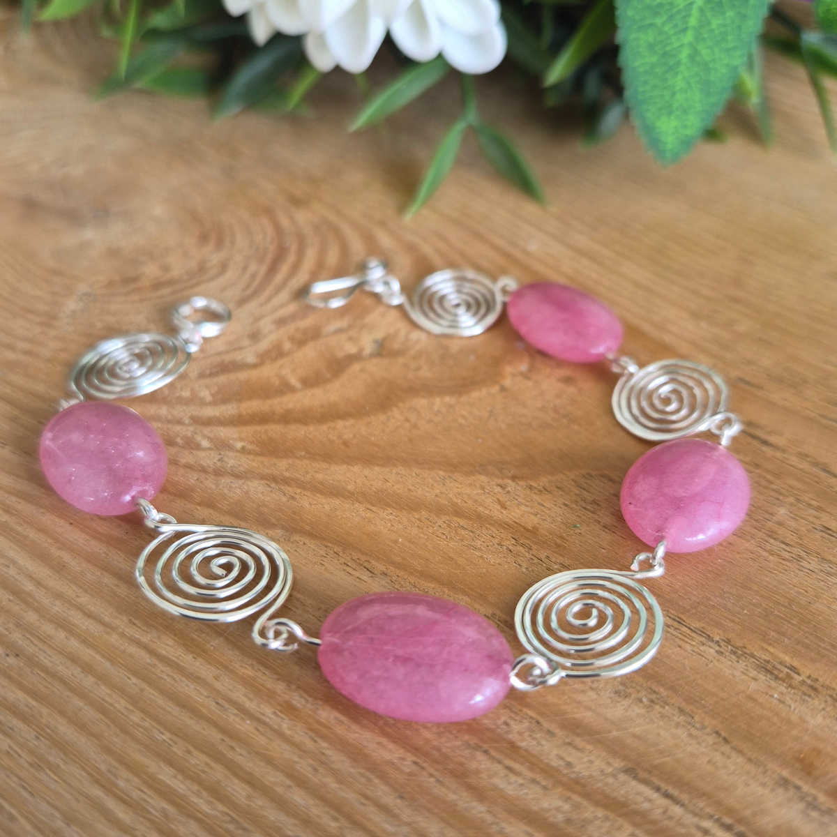 Pink Rhodochrosite Silver Spiral Bracelet, Handmade Wire Jewellery, Gift for Her