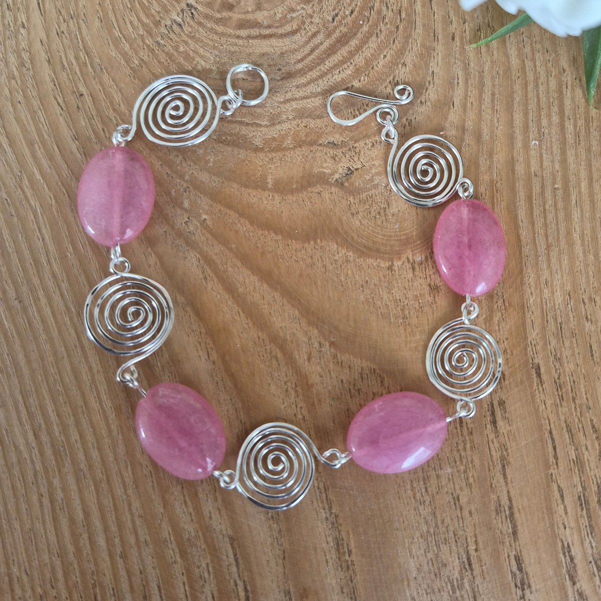 Pink Rhodochrosite Silver Spiral Bracelet, Handmade Wire Jewellery, Gift for Her
