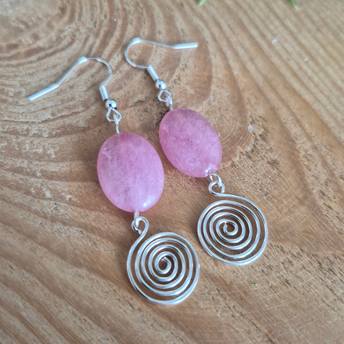 Rhodochrosite Open Silver Spiral Earrings, Handmade Gemstone Drop Earrings, Gift for Her