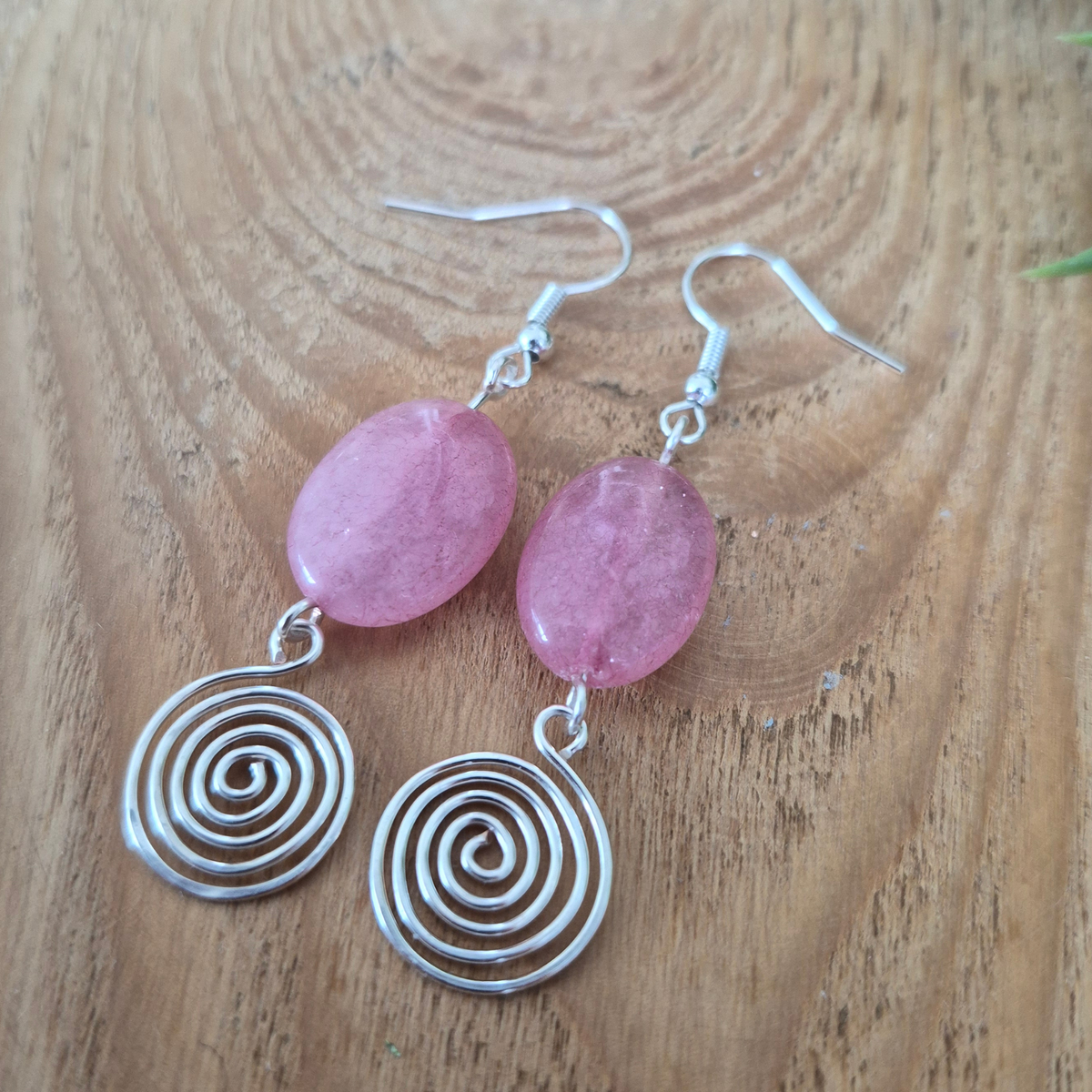 Rhodochrosite Open Silver Spiral Earrings, Handmade Gemstone Drop Earrings, Gift for Her