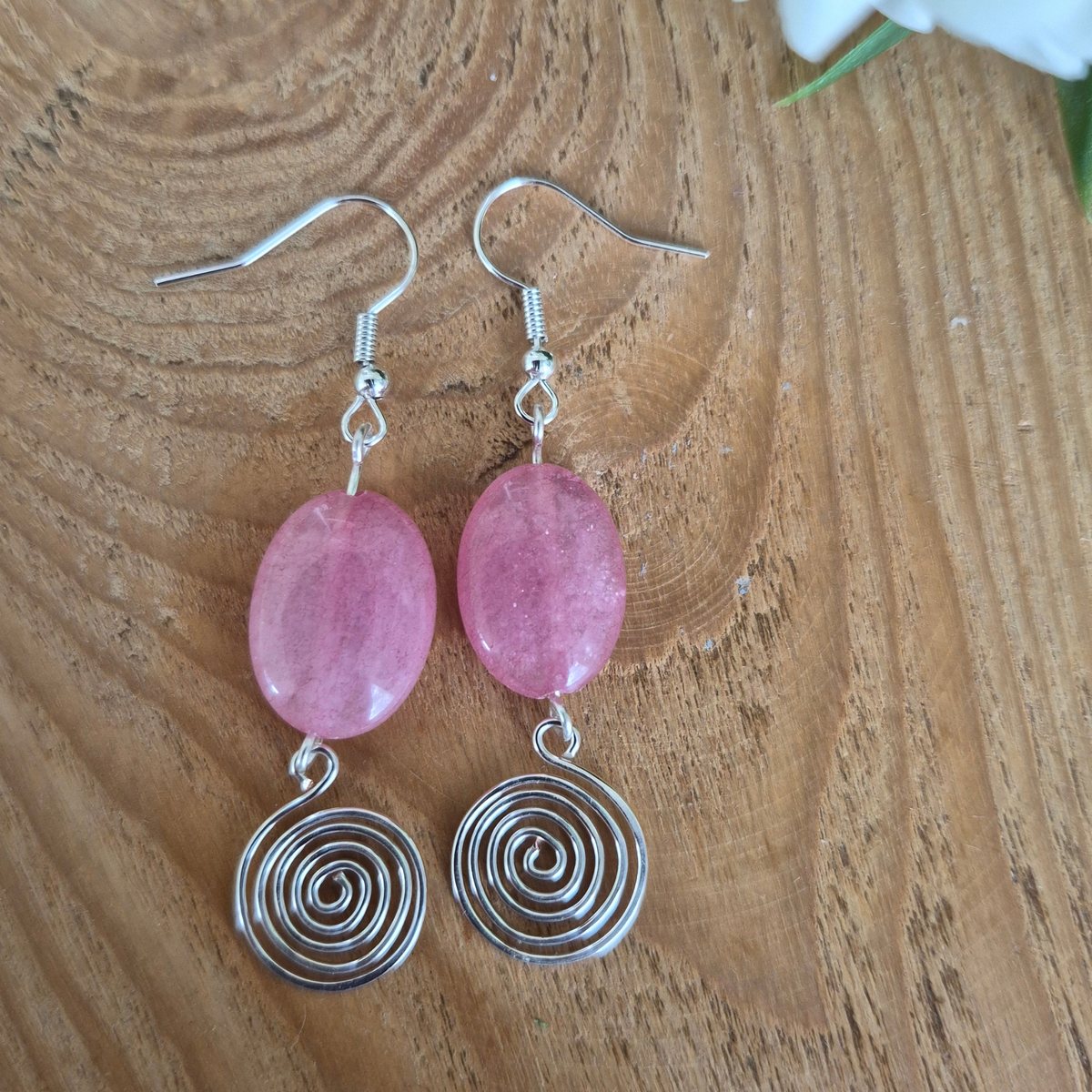 Rhodochrosite Open Silver Spiral Earrings, Handmade Gemstone Drop Earrings, Gift for Her
