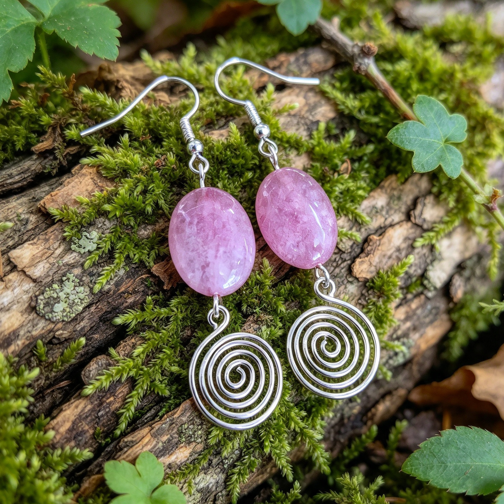 Rhodochrosite Open Silver Spiral Earrings, Handmade Gemstone Drop Earrings, Gift for Her