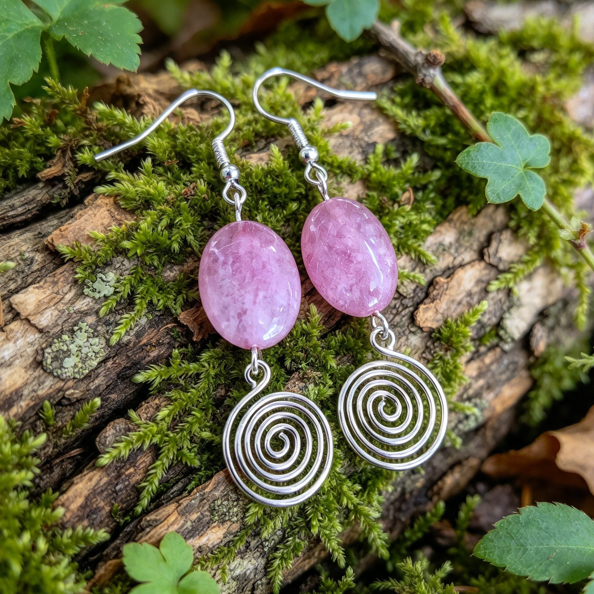 Rhodochrosite Open Silver Spiral Earrings, Handmade Gemstone Drop Earrings, Gift for Her