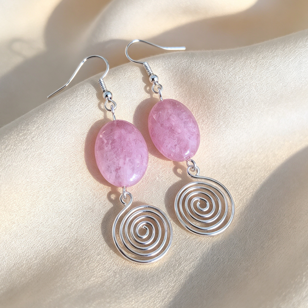 Rhodochrosite Open Silver Spiral Earrings, Handmade Gemstone Drop Earrings, Gift for Her