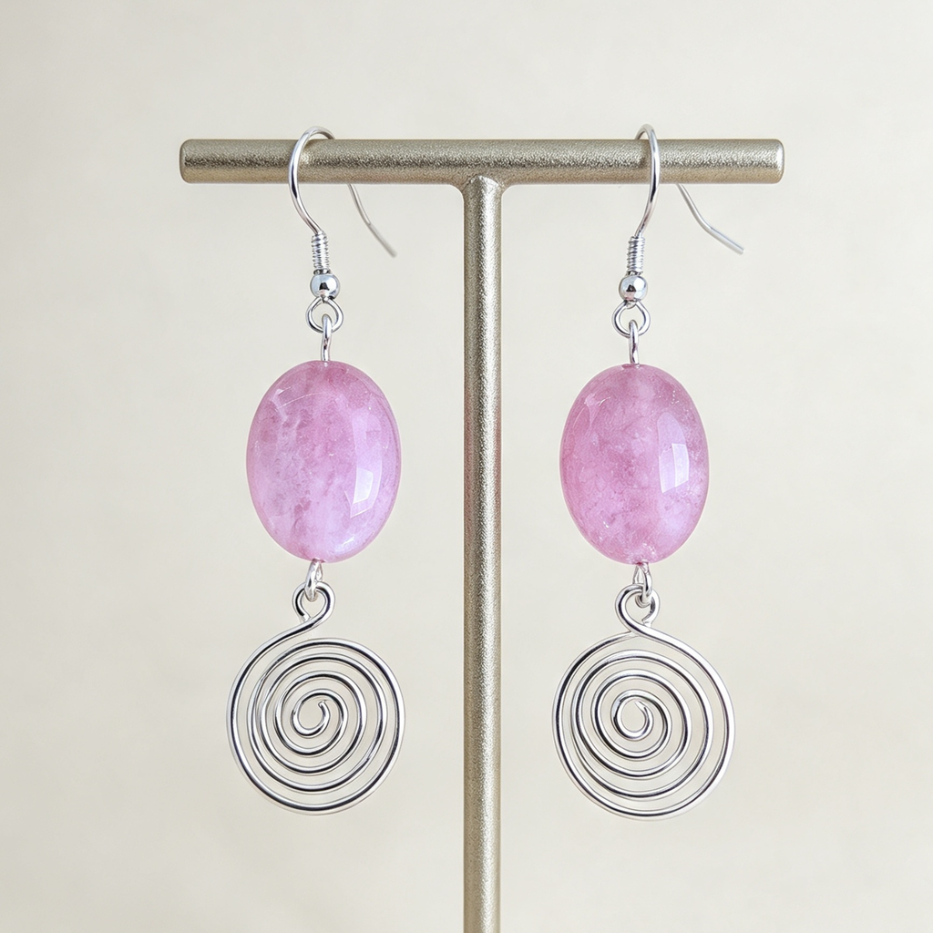 Rhodochrosite Open Silver Spiral Earrings, Handmade Gemstone Drop Earrings, Gift for Her