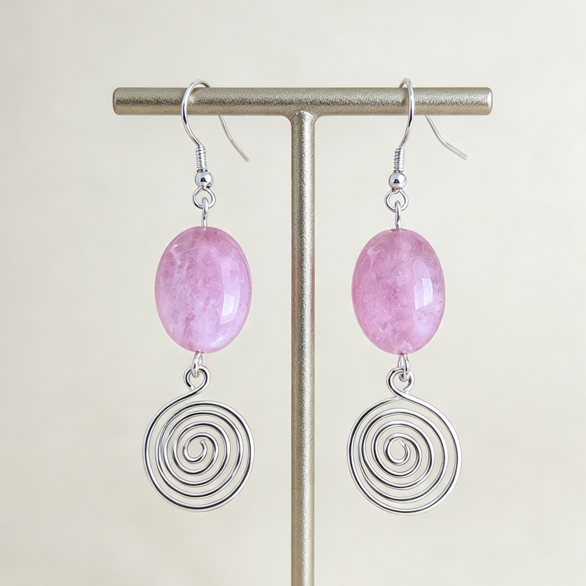 Rhodochrosite Open Silver Spiral Earrings, Handmade Gemstone Drop Earrings, Gift for Her