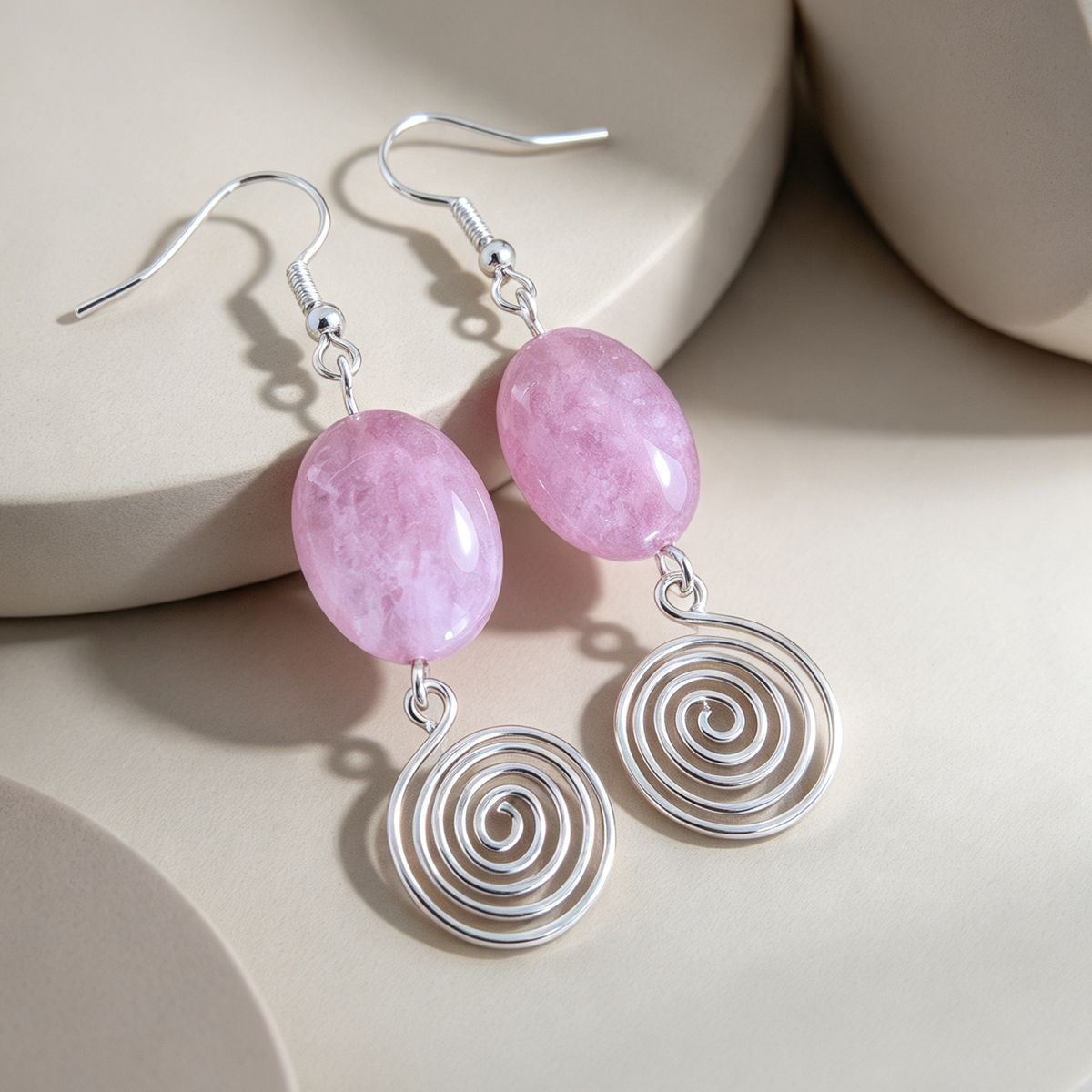 Rhodochrosite Open Silver Spiral Earrings, Handmade Gemstone Drop Earrings, Gift for Her