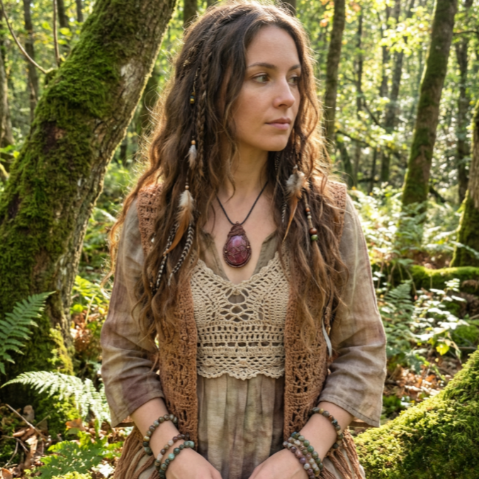 Boho model wearing a Rhodonite copper pendant