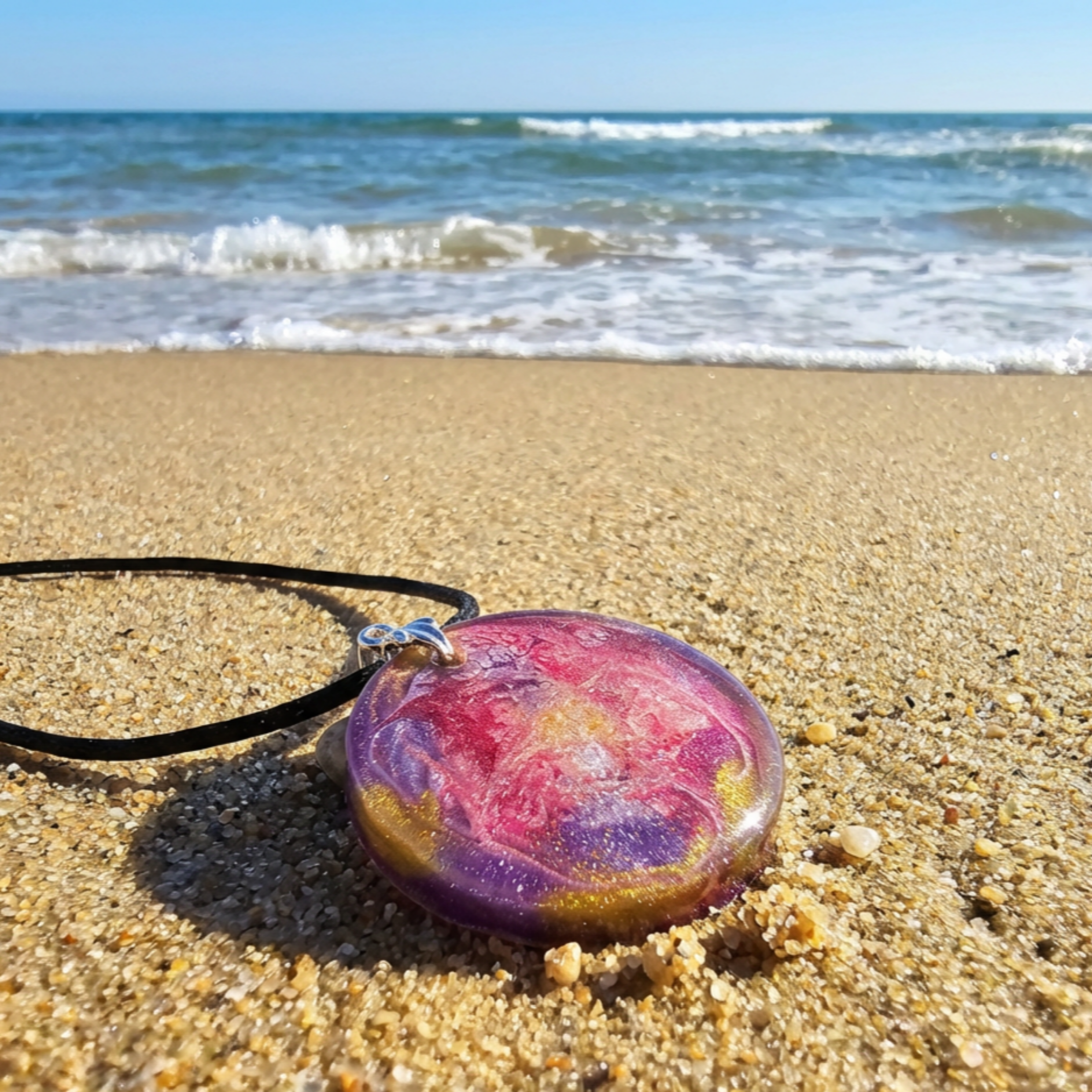 Colorful pendant necklace on sand with ocean in background