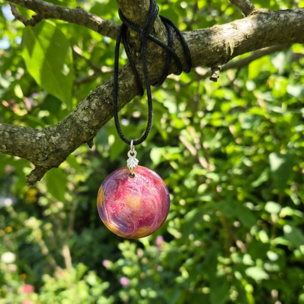 Marbled pink and purple fruit pendant on a branch with green leaves in the background