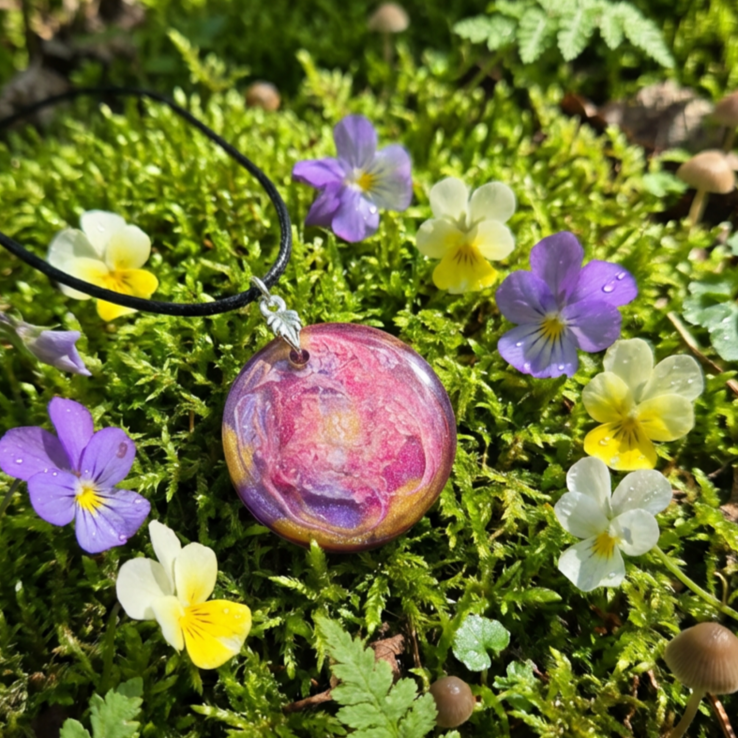 Round colourful pendant on a black cord on a moss background surrounded in flowers