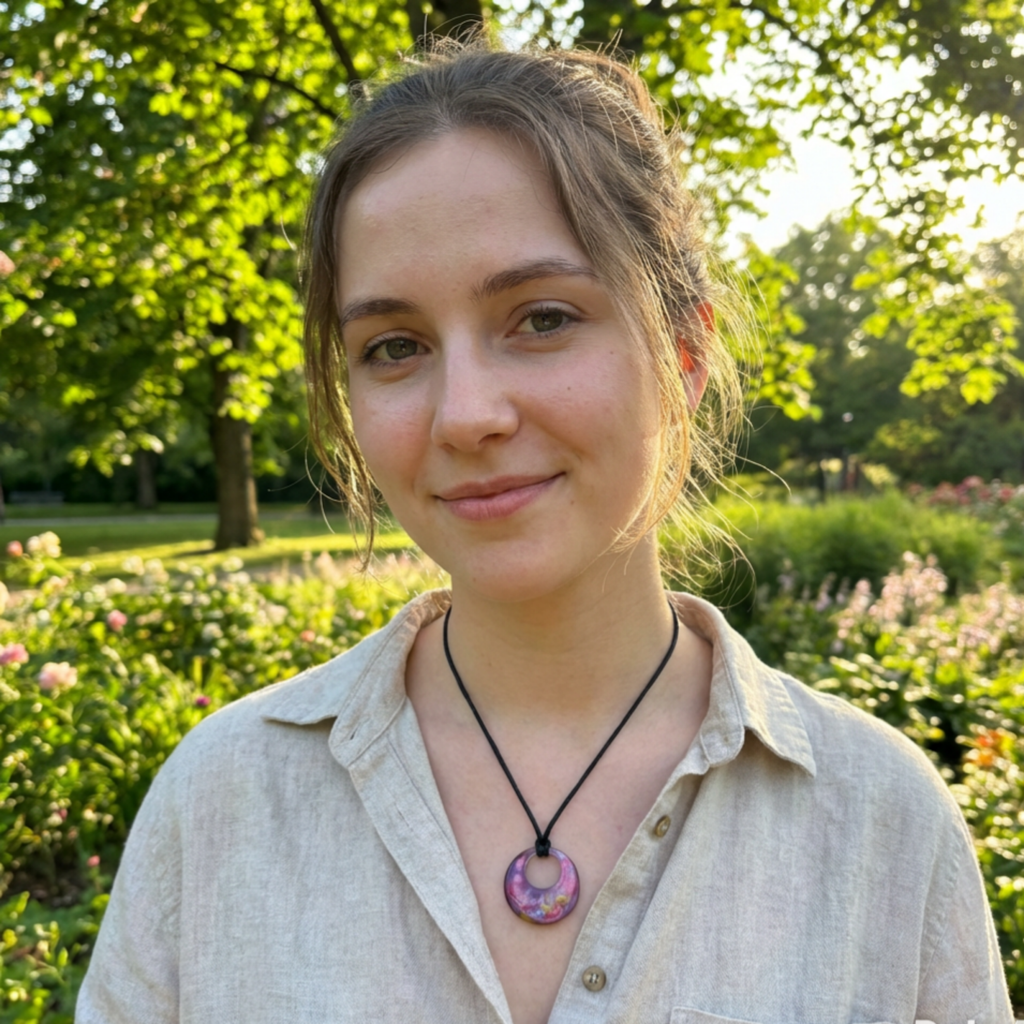 Woman standing in a park with flowers and trees in the background
