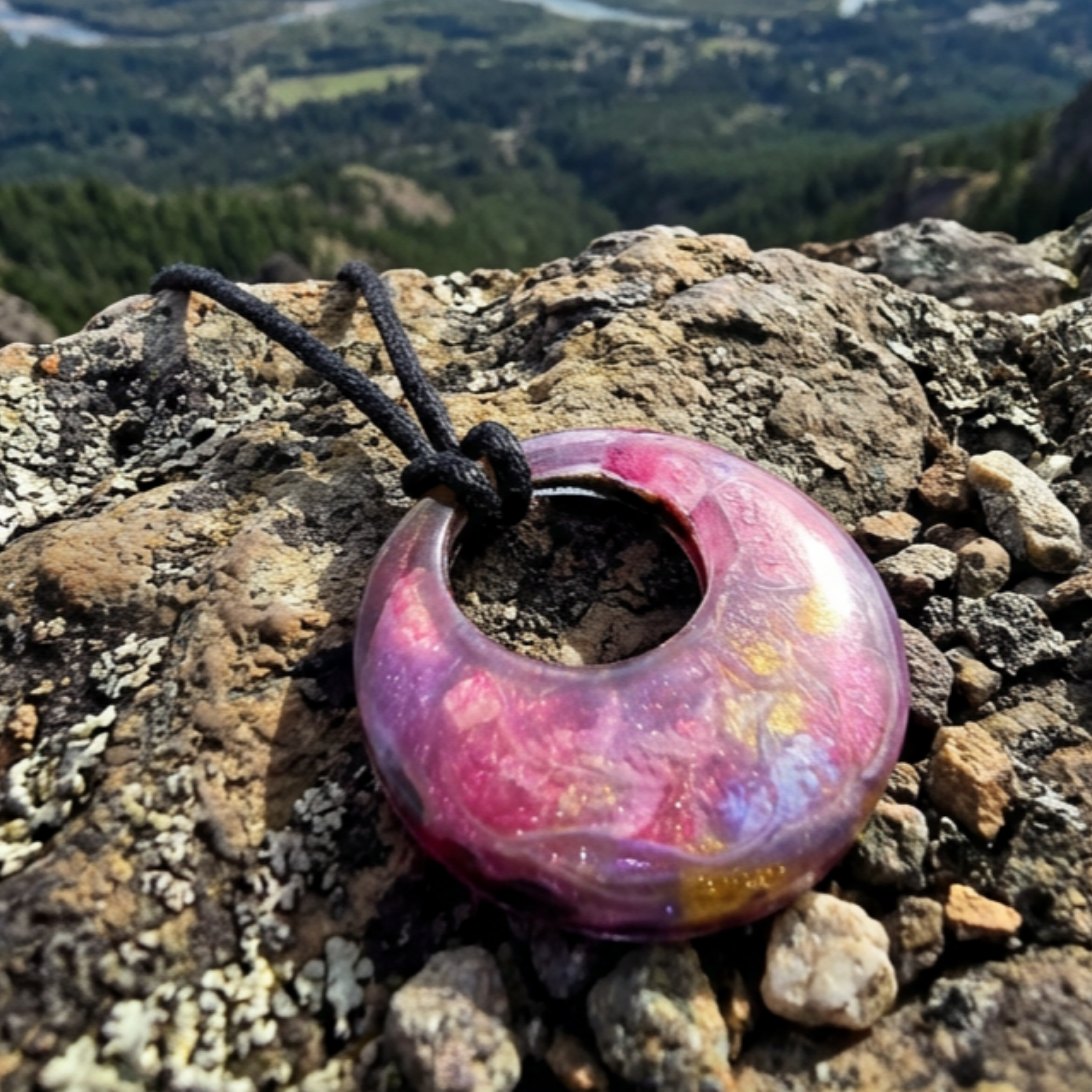 Donut shaped pendant with pink purple and gold colours on a black cord