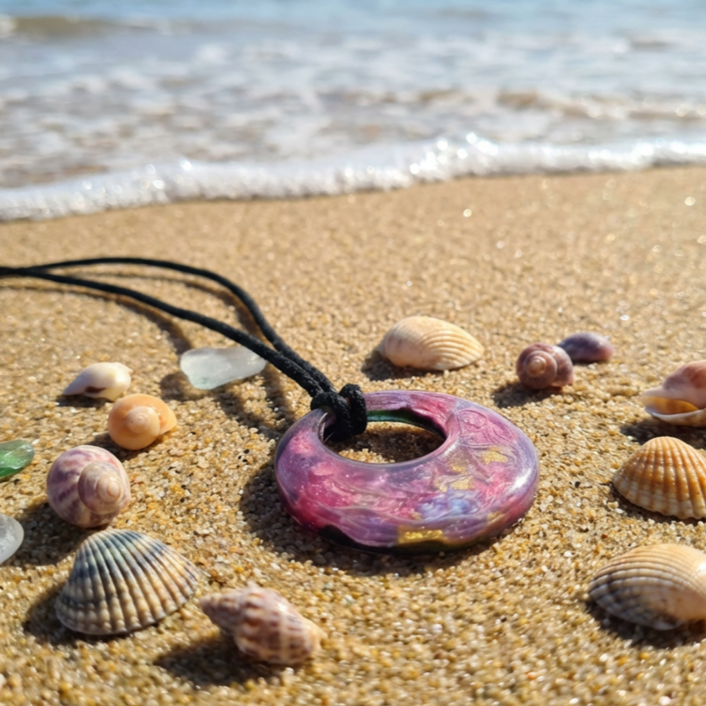 Pink and purple pendant on a black cord on a sandy beach with shells and ocean waves in the background.