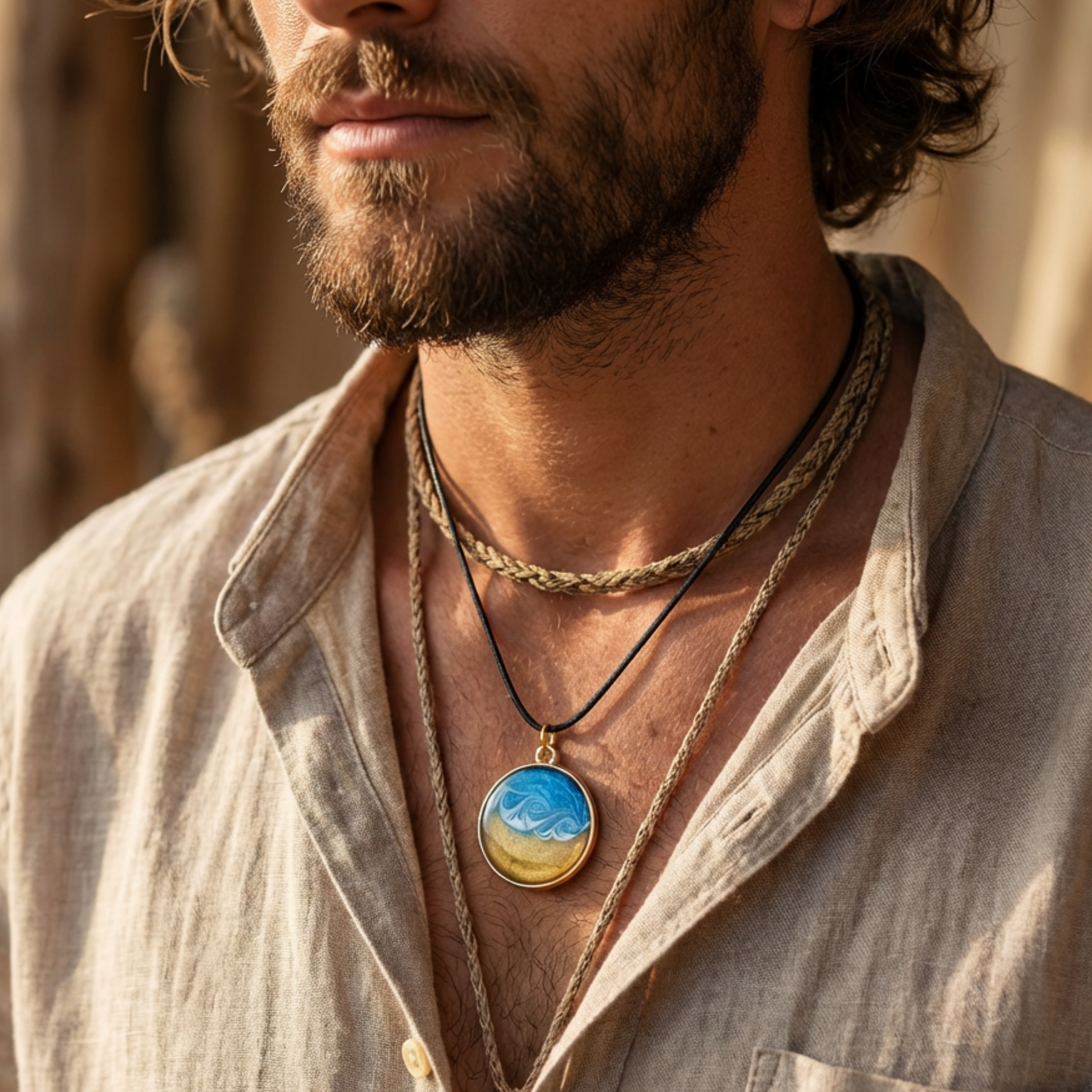 man wearing a round gold pendant with a wave design