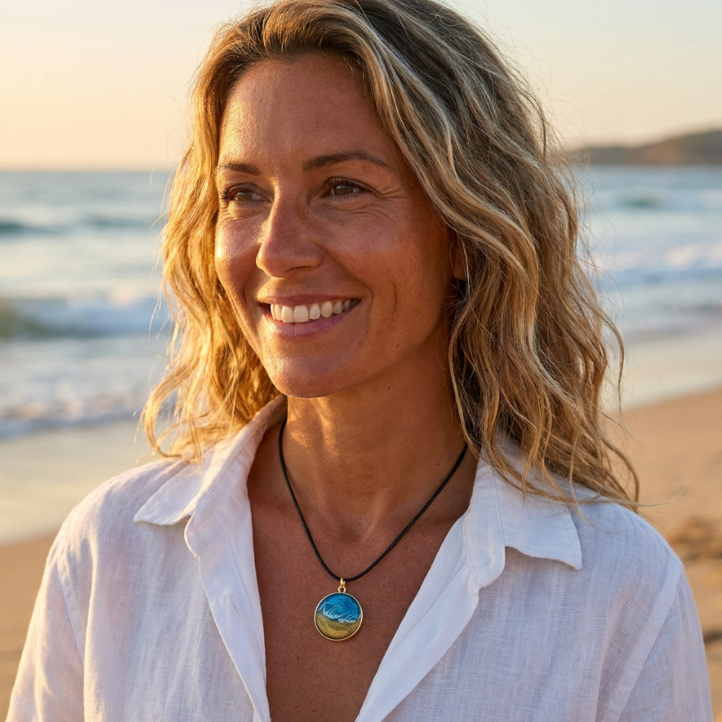 woman wearing a gold round pendant with a wave design on a beach
