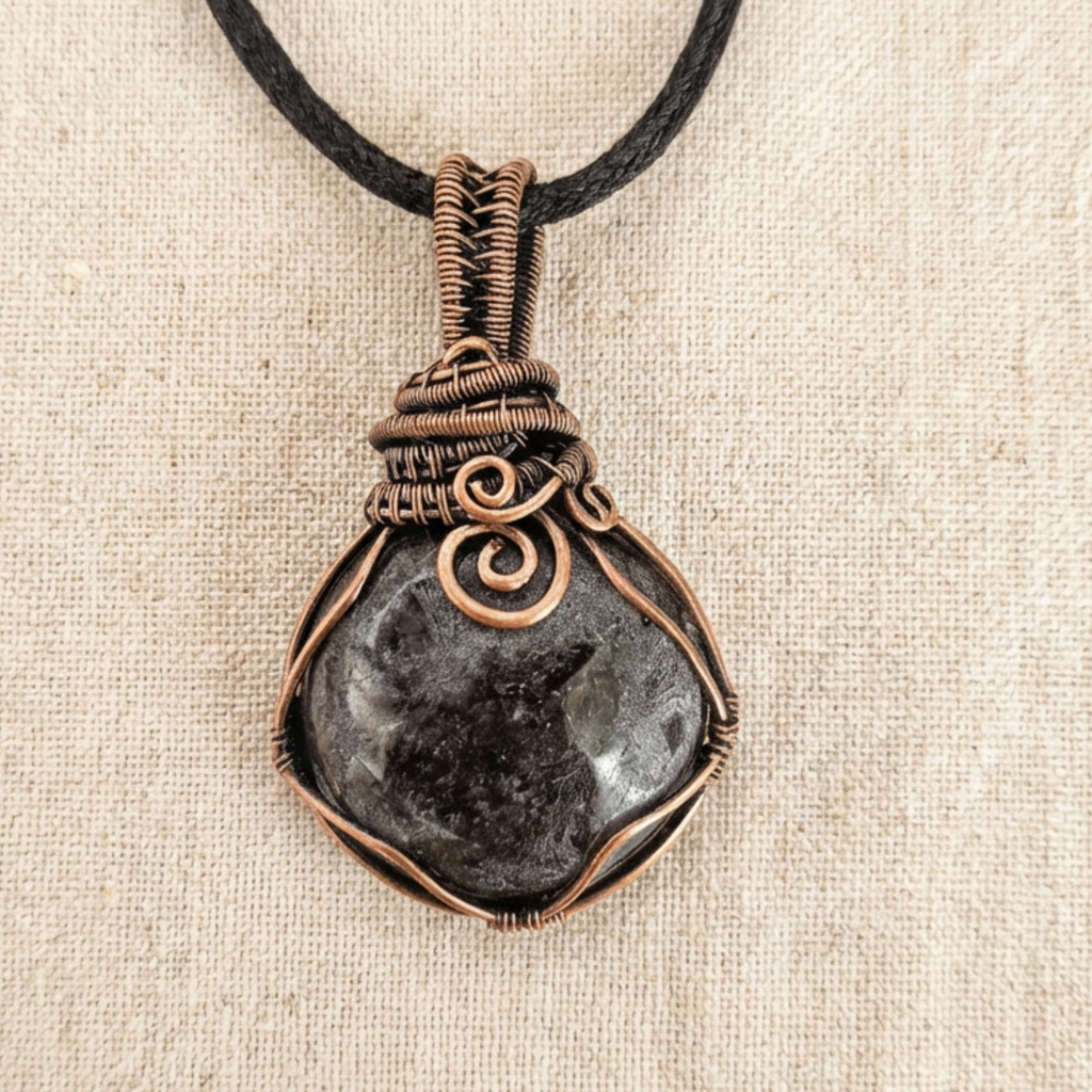 Necklace with a dark stone pendant and copper wire wrapping on a beige fabric background