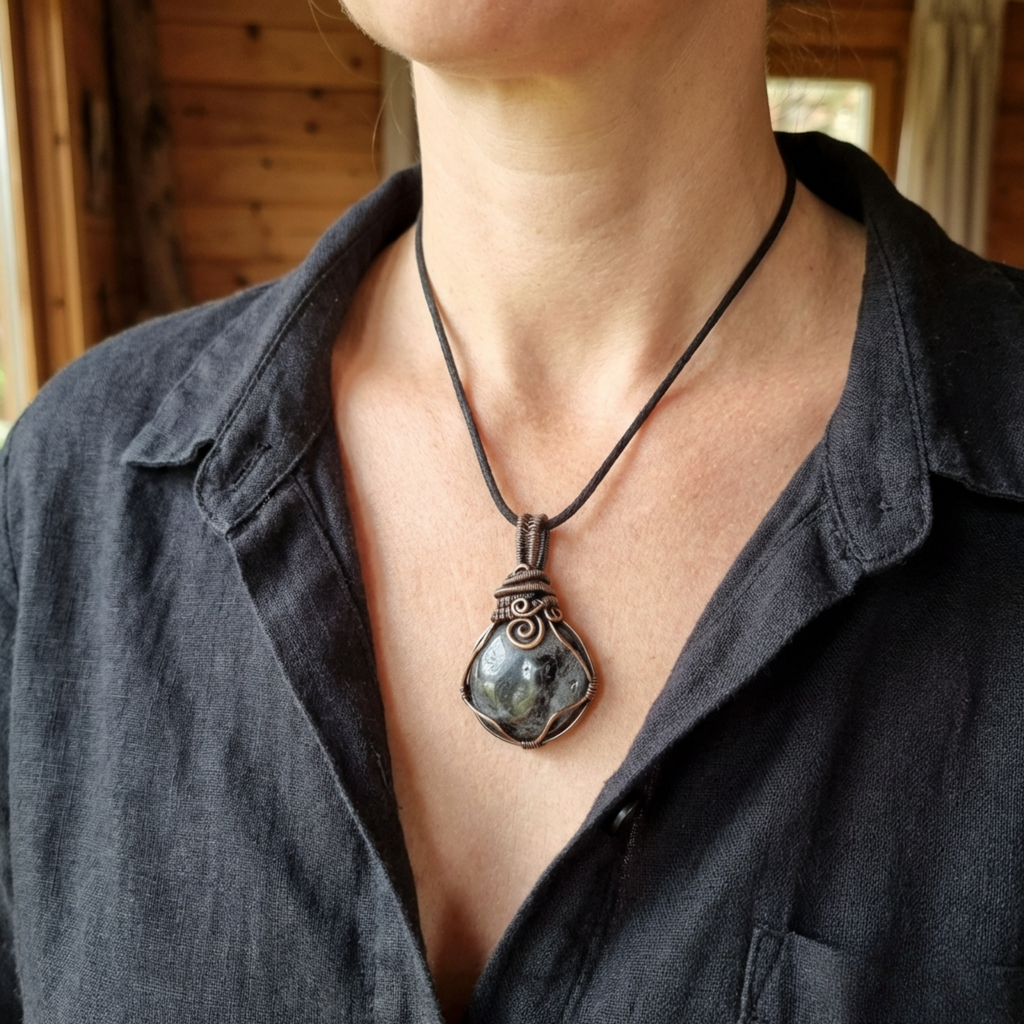 Person wearing a dark shirt with a necklace featuring a large pendant.