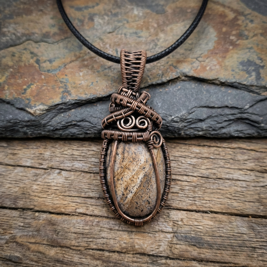 Copper pendant with stone on a black cord against a stone background