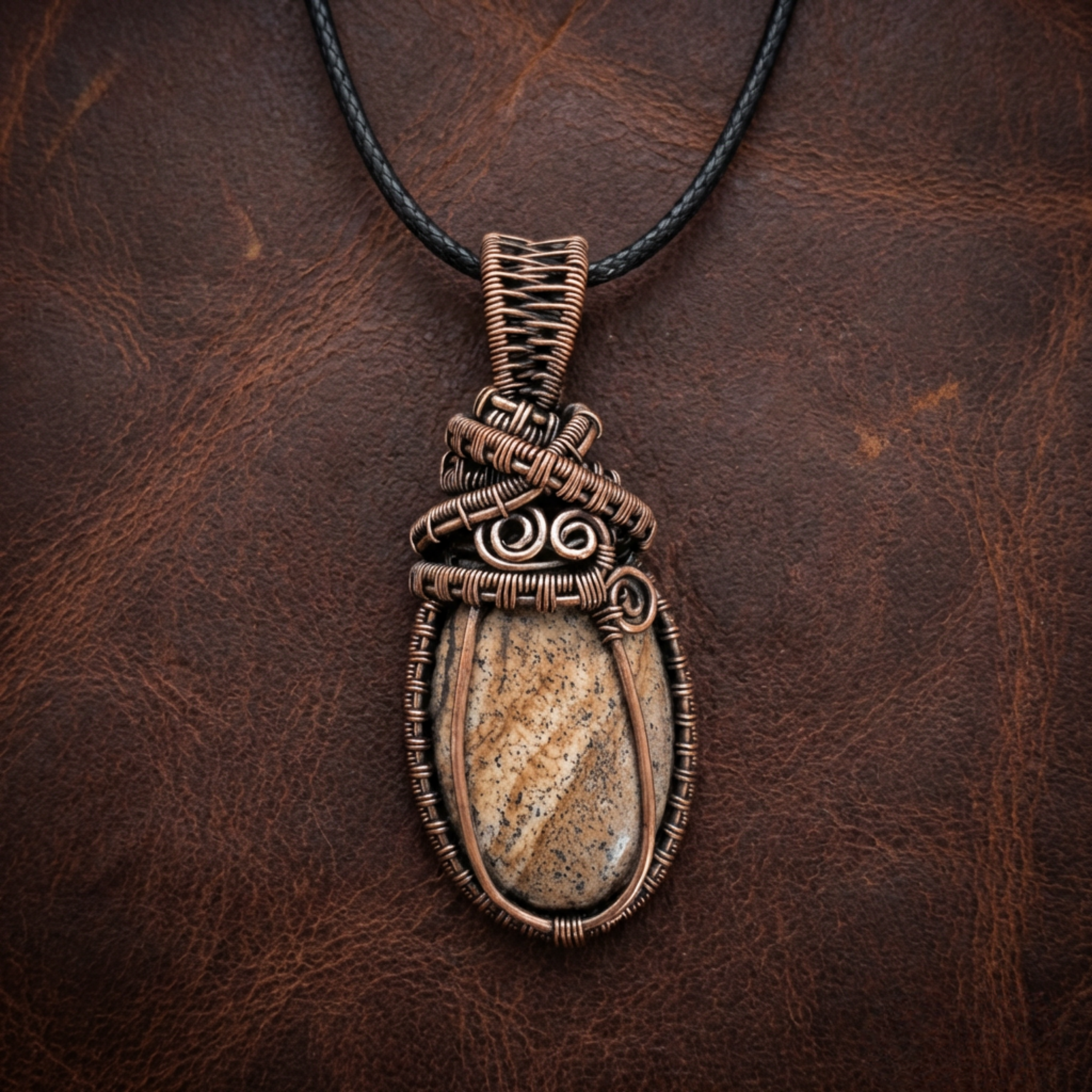 Copper pendant with stone on a leather background