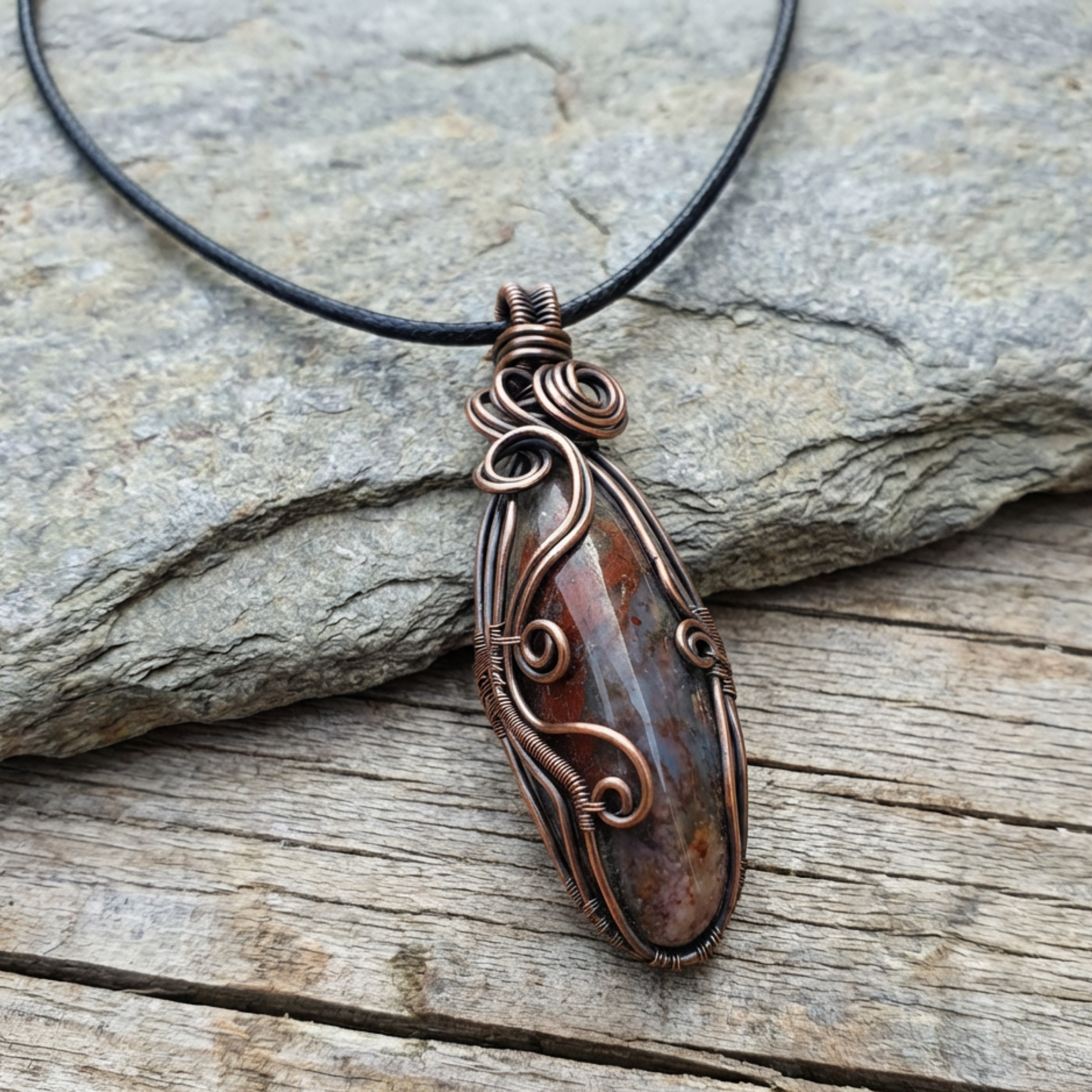 Copper wire-wrapped gemstone pendant on a black cord against a stone background