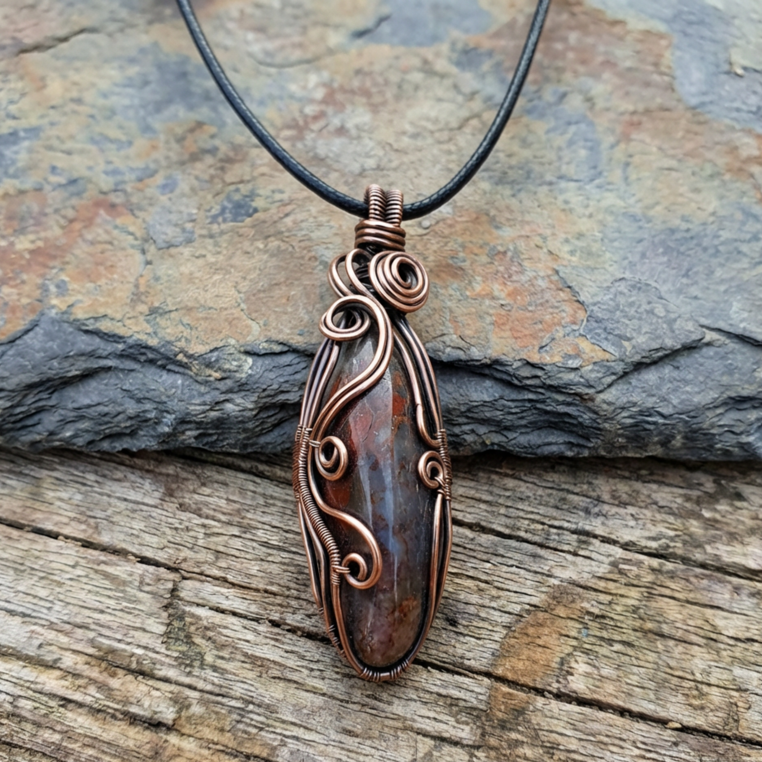 Seftonite gemstone wire wrapped Copper pendant necklace on a stone surface